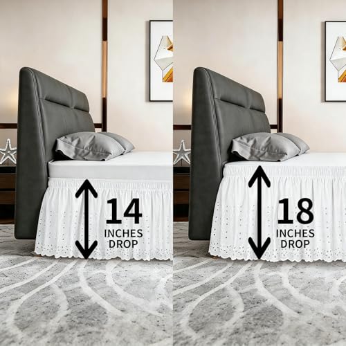 Queen Wrap-Around Elastic Bed Skirt - 18" Drop White Eyelet Dust Ruffle