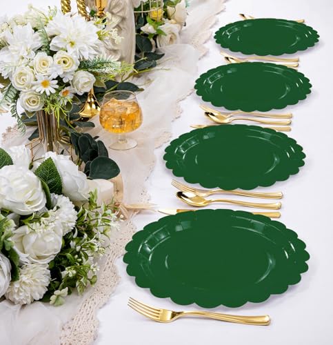 HEIPINIUYE 25 Pack Green Paper Plates 7 Inch Scalloped Disposable Dinnerware for Parties