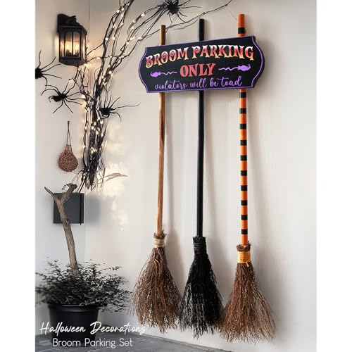 Halloween Broom Parking Sign with 3 Wooden Witch Brooms - Porch Wall Decor