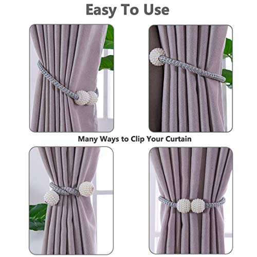 6 Pack Magnetic Curtain Tiebacks - Decorative Window Holdbacks (Grey)