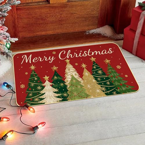 Soheioue Red Christmas Doormat - Festive Xmas Tree & Welcome Mat 17x29 Inch