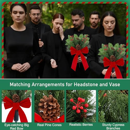 Daifunli 3-Pcs Christmas Cemetery Flowers with Red Bows Pine (Pine Variation)