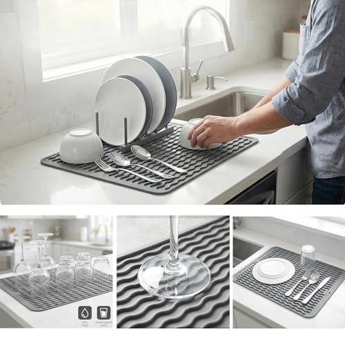 Silicone Dish Drying Mat - Heat Resistant Countertop Trivet, Grey (16x12 In)