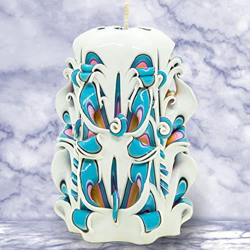 Handmade Rainbow Candle - Carved Gift for Her, White/Blue - Small