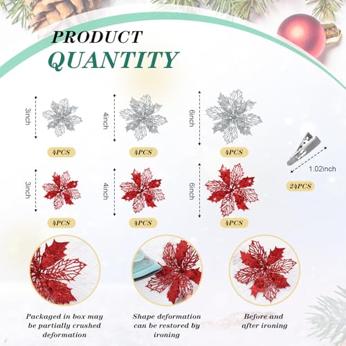 Boao 24 Pcs Red and Silver Christmas Artificial Poinsettia Flowers - Holiday Decor