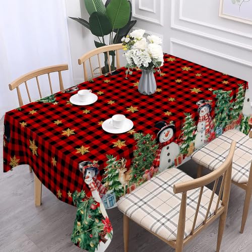 Unibyby Christmas Tablecloth 60x84 in with Snowman Snowflake Trees - Rectangular 84x60 Snowy Red