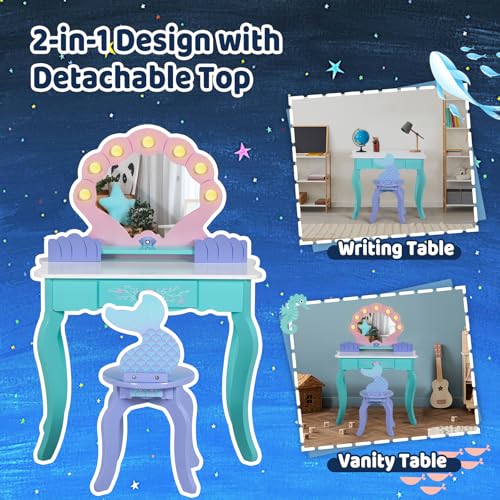 Kids Vanity Table and Chair Set with Lighted Mirror - Ocean Theme