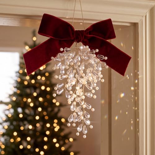 Mifoci 4-Pack 8.5-Inch Christmas Crystal Mistletoe Ornaments with Burgundy Bows