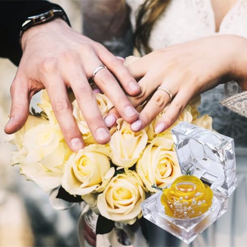 Preserved Yellow Real Rose in Clear Acrylic Ring Box for Gifts