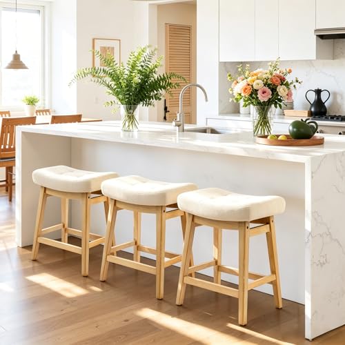 24-Inch Counter Height Bar Stools, Set of 3 Padded Fabric Saddle Stools
