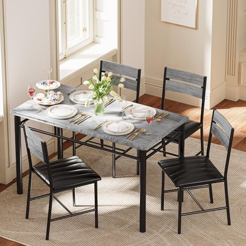 5-Piece Space-Saving Dining Table Set for 4 with Upholstered Chairs, Grey