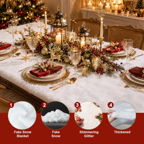White 5x10ft Fake Snow Blanket with Glitter for Christmas Village Decoration - 3pcs Set