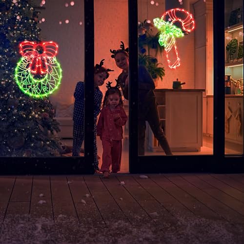 GMFINE 2-Pack Christmas Window Silhouette Lights: Wreath & Candy Cane, Plug-In Indoor/Outdoor