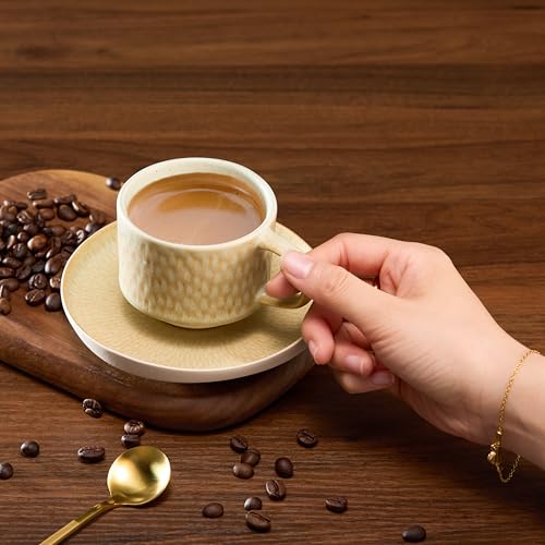 KooK 5.5 Oz Espresso Mug & Saucer Set - Ceramic, Rustic Organic Shape, Multicolor, Dishwasher & Microwave Safe
