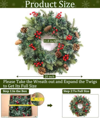 Prelit Christmas Wreath with Lights, Pine Cones & Red Berries - 20 Inch