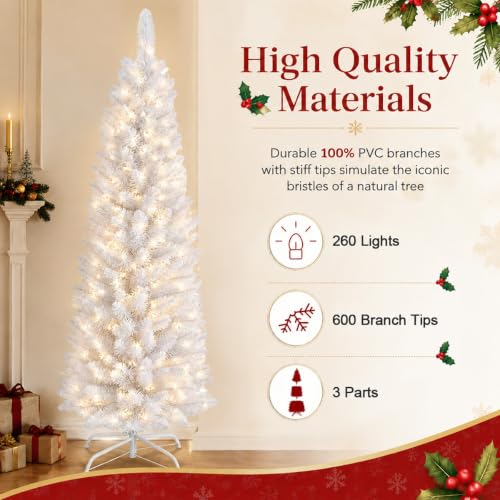 ZGCYSMHT 6ft White Pre-Lit Slim Artificial Christmas Tree - 260 Warm White LED Lights