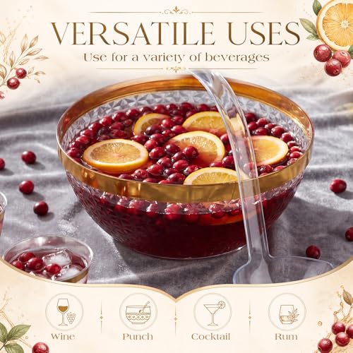 1.4 Gallon Gold Trim Punch Bowl Set with 25 Cups, Ladle and Tongs