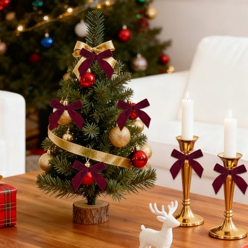 3.5x3.5 Burgundy Velvet Christmas Bows with Gold Twist Ties, 24 Pcs for Tree, Wreaths & Garlands (3.5x3.5, 1in width) – HEAEUNK