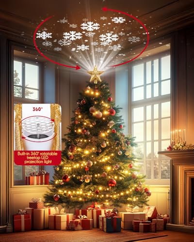 Christmas Star Tree Topper with LED Snowflake Projector Light, 10-Inch