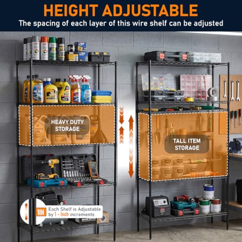 5-Tier Wire Storage Shelf 36x14x72 Inch Black Heavy Duty Metal Rack