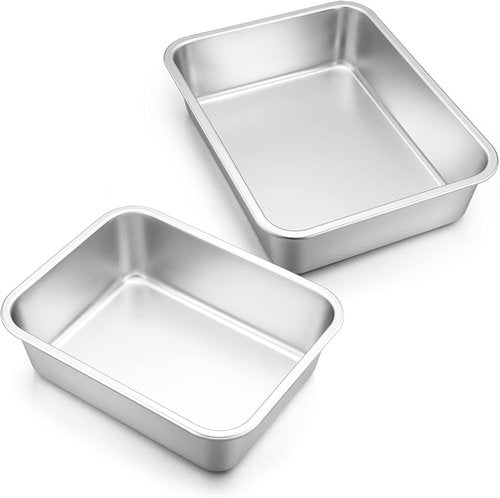 E-far Stainless Steel Deep Lasagna Pan Set - Non-Toxic, Heavy Duty Roasting Dishes | 12.75 x 10 & 10.6 x 8.3 Inches