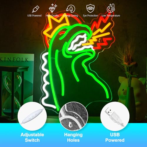 Jimeva Monster Neon Sign – Fire Monster LED Wall Light, USB Dimmable, Multi-Color (Green/Red/White/Yellow) for Boys Girls Room, Game Room