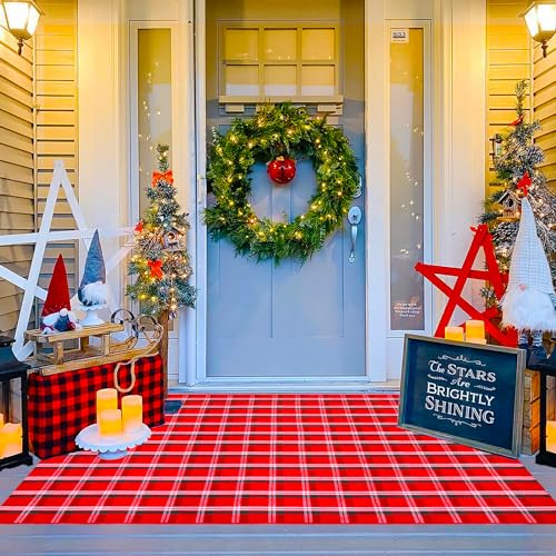 Ckorzen 4' x 6' Red Green & White Plaid Indoor/Outdoor Cotton Rug – Handwoven, Washable Front Porch Mat