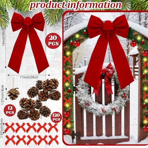 100 ft Christmas Garland with Lights and Red Bows for Fence Decor