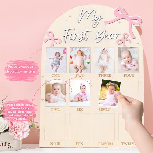 Pink Bow Baby First Year Photo Board - 12 Monthly Milestone Wooden Frame