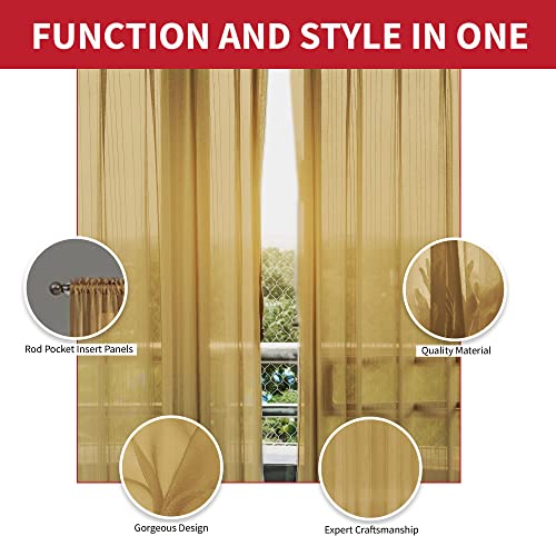 Gold Sheer Curtains Set - 84 Inch Light Filtering Drapes, 2 Panels