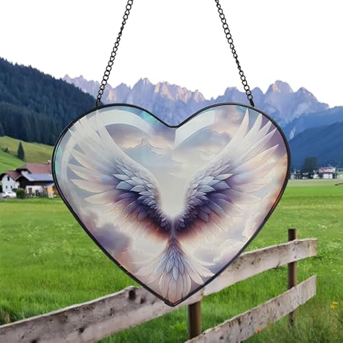 Angel Wings Stained Glass Suncatcher - Heart Design Hanging Decor
