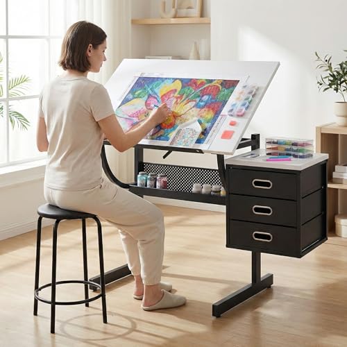 Adjustable Drafting Table with Stool and 3 Drawers, Tilting Art Desk