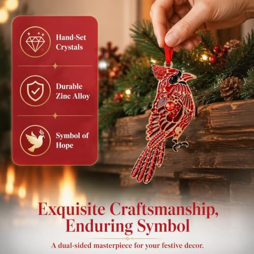 Metal Red Cardinal Christmas Ornament with Rhinestones - Red Cardinal Bird, 2x4 in, WYARMGIF