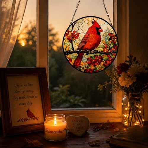 Cardinal Stained Glass Suncatcher Panel - 7.8 Inch Window Decor