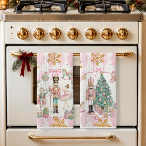 2 Pcs Pink Nutcrackers Merry Christmas Kitchen Towels - 14x24 in Multi 0877