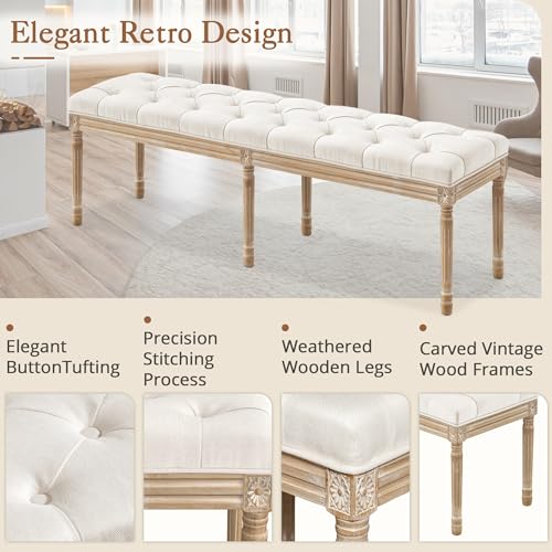 60-Inch Upholstered Tufted Bedroom Bench with Carved Wooden Legs, Beige