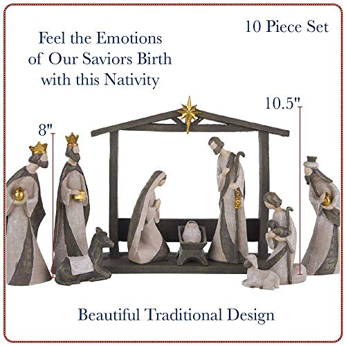 10-Piece Holy Family Nativity Set - Resin Manger Scene Christmas Decor