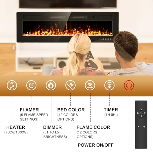60 Inch Electric Fireplace Recessed And Wall Mounted With Remote