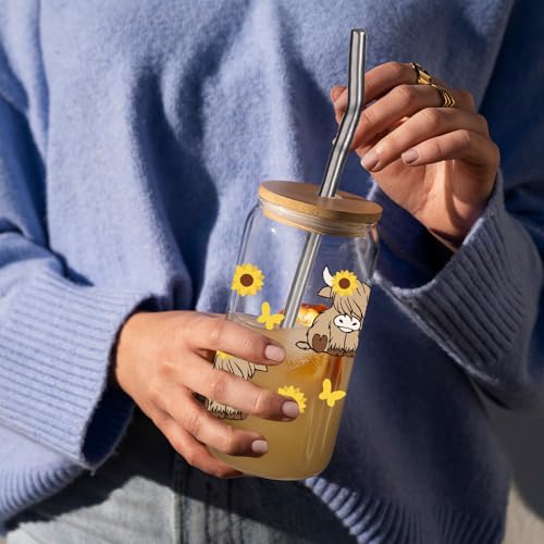 Highland Cow Glass Mug with Lid & Straw - 16 oz Coffee Tea Cup Gift for Women