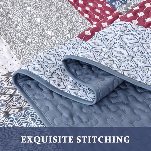 Boho Patchwork Quilt King Size Set - 3 Piece Microfiber Coverlet Bedspread