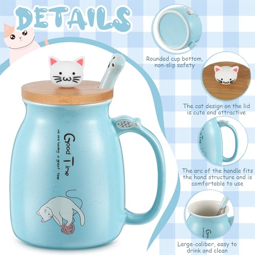 Uiifan Blue Ceramic Cat Mug with Lid & Paw Spoon - Gift Set for Women & Mom