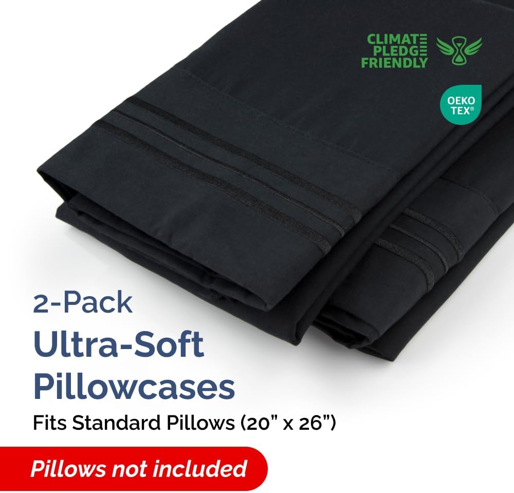 Skiennix Standard Pillow Cases Set of 2 | Ultra-Soft Hotel Quality Covers - Comfy, Wrinkle-Free, Stain & Fade Resistant - Machine Washable - Black