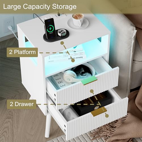 Modern White Nightstand with Charging Station, 2 Drawers and LED Lights