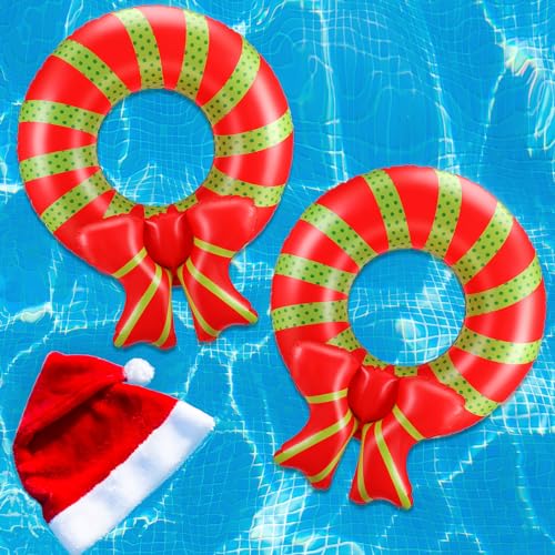 JellyArch Christmas in July Inflatable Pool Rings 31.5" - Set of 2 Holiday Wreath Floats for Summer Pool Parties