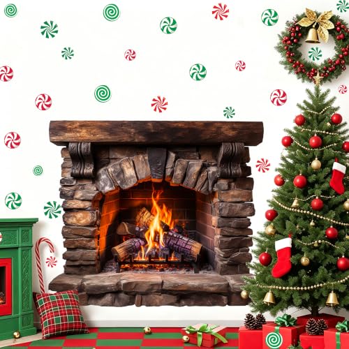 Brown Large Fireplace Wall Decal - 3D Christmas Mantel Stickers Peel & Stick