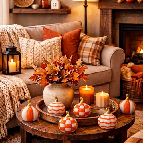 3-Piece Ceramic Pumpkin Set, Orange and White Checkered Fall Table Decor
