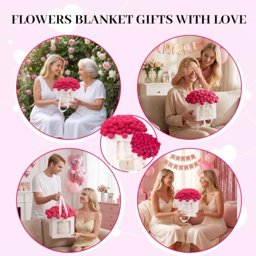 Red Rose Crochet Flower Bouquet Blanket 31 Inch Romantic Gift for Women