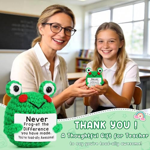 Handmade Crochet Frog Teacher Appreciation Gift with Thank You Card