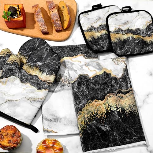 6-Piece Marble Kitchen Set: Oven Mitts, Pot Holders, and Dish Towels