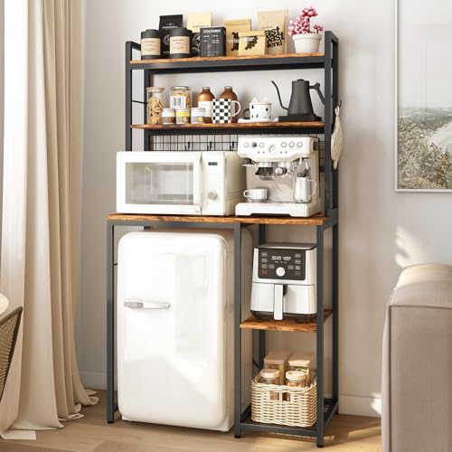 Wooden Mini Fridge Stand with Microwave Shelf and Built-in Power Outlet